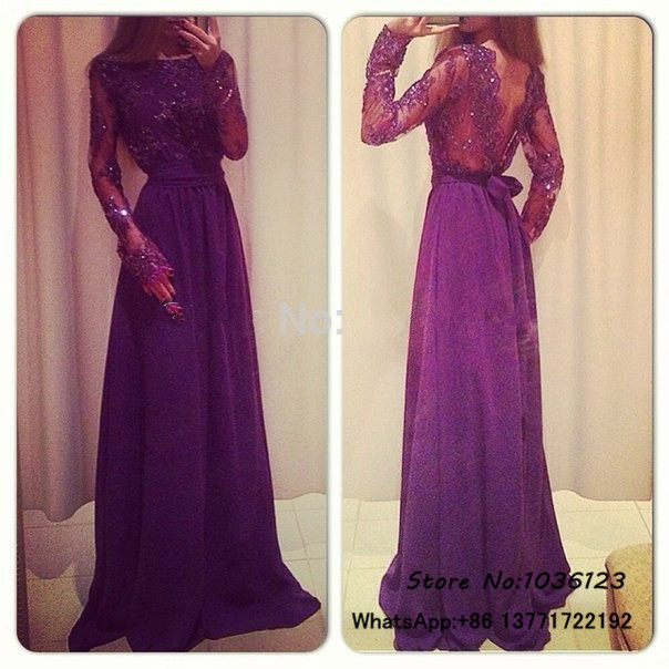 Vestidos de fiesta Floor Length Red Purple Prom Dresses 2015 Long Elegant Long Sleeve Appliques Sexy