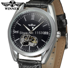 2015 ganador marca relogio reloj automático negro dial marco plateado con una aleación genuino correa envío gratis WRG8023M3S2