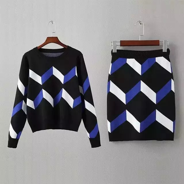 2016 New Knit Long-sleeve Sweater Skirt Suits Women round Collar Knit Crochet grid Crop Top A-line Skirt Women's 2pcs Set