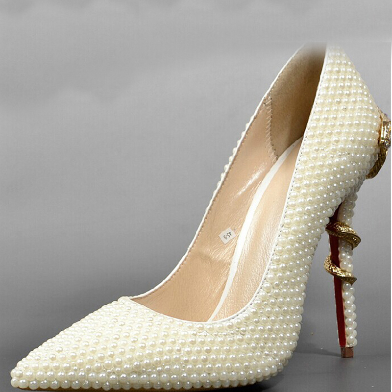 Pointed Toe Ivory Pearl Wedding Bridal Shoes Lady High Heels Sexy Woman Dress Shoes Prom High-heeled Shoes Dancing Fashion Shoes