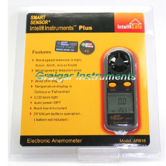 SMART SENSOR AR816 Digital Anemometer Air Flow meter Wind Speed gauge