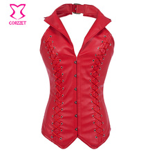 Red Faux Leather Halter Top Overbust Gothic Steampunk Corset 6XL Plus Size Corpetes E Espartilhos Steel Boned Corsets For Women