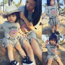 Cute Donut Print Girls Dress Summer Girls Fringed skirt Mother and Daughter Clothes Family Matching Outfits Cotton Dresses