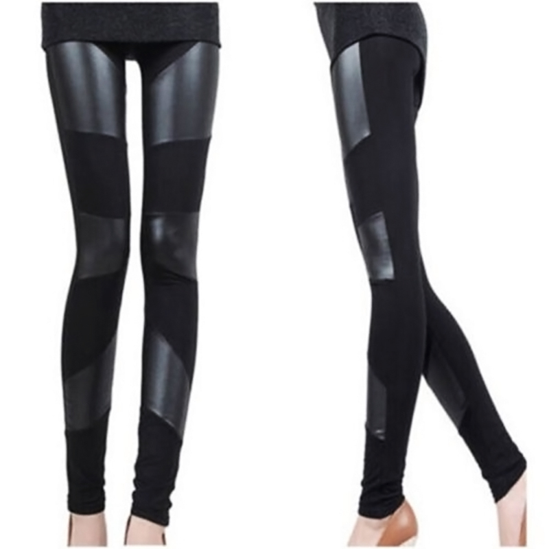Бесплатная доставка мода сексуальные женщины колющими эластичный искусственной кожи черный леггинсы брюки # L0342002