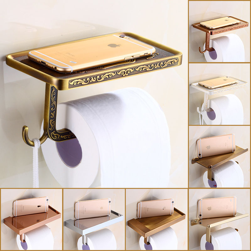 High-end Wall Mount Roll Paper Tissure Holder Brass Bathroom Toilet Paper Rack Mobile Phone Rack