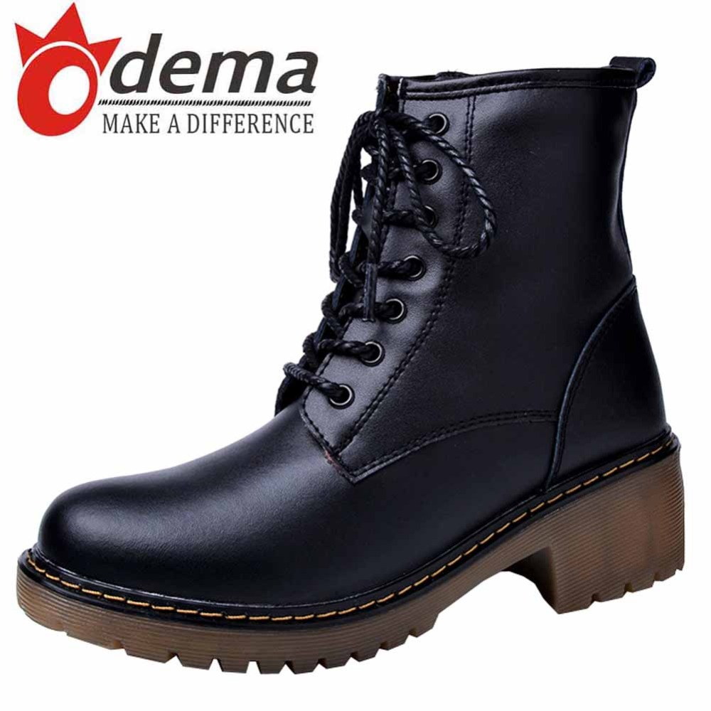 ODEMA New Casual Genuine Leather Women Martin Boots Warm Plush Lace Up High Top Boots Women's Flats Short Boots 35-40