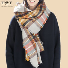 GS57 New Celeb Style Womens Beige Plaid Tartan Pattern Oversized Soft Blanket Scarf & Wrap Winter Woolen Scarf