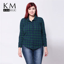 kissmilk 2016 Women Fashion Plus Size Summer Boyfriend Style Big Size Check Long Sleeve Shirt 3XL 4XL 5XL 6XL