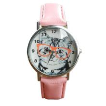 Newly Design Cute Wearing Glasses Cat Watch Fashion PU Leather Quartz Wrist Watches Sep17