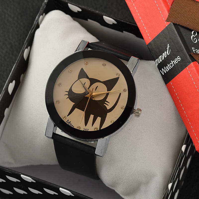 2016 New Fashion Cute watches Women and Children Favor black cat Cartoon watches Casual quartz wristWatches
