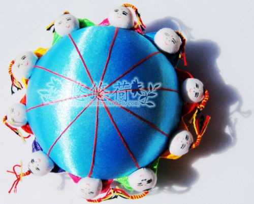 2PCS Chinese HANDMADE Silk Sewing Tool vintage pin Cushion with10 cute kids 