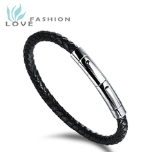 Wholesale 2015 New Fashion Popular Jewelry Mens Stainless Steel Black Leather Bracelets Man Hand Chain Vintage Bangles PH959MK