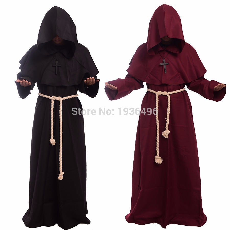 1pc Vintage Medieval Renaissance Robe Monk Cowl Friar Clothing Priest Hooded Rope Cloak Cape Men 4292