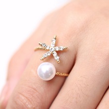 Fashion jewelry starfish and imitation pearl rings gold ring women jewlery free shipping