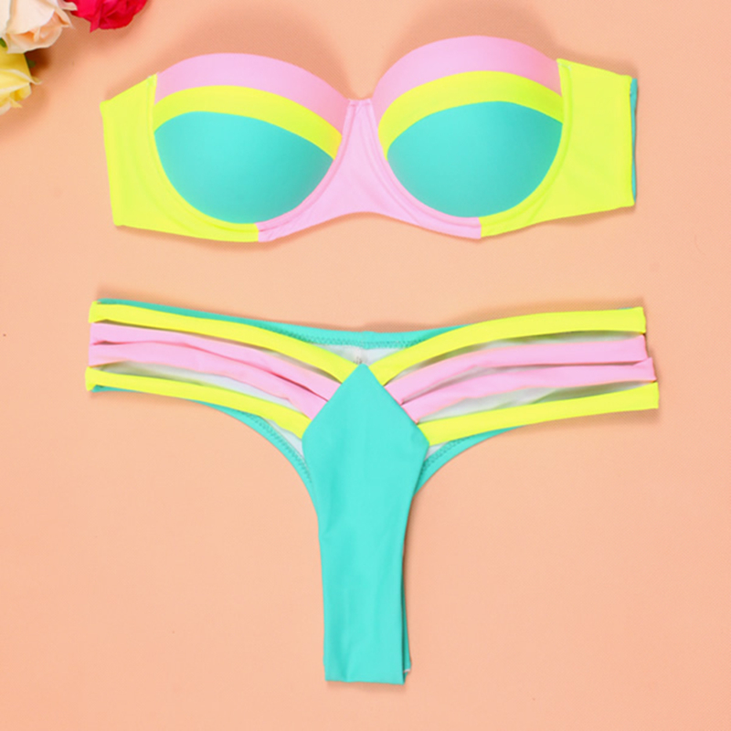 2016 Sexy Fashion Women Push UP Bikini Brazilian Patchwork Swimwear Neon Color Bathing suits Swimsuit Biquini