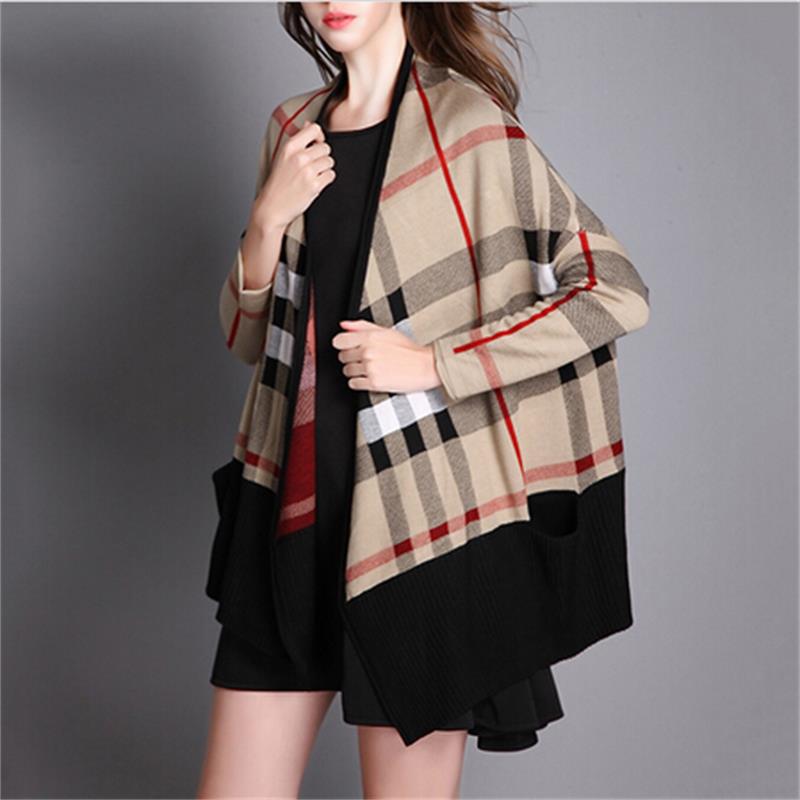 Long Knitted Cardigan Women Plaid Cape Poncho Shawl Sweater Batwing Sleeve V-Neck Cheap Wool Sweaters Womens Capes And Ponchoes