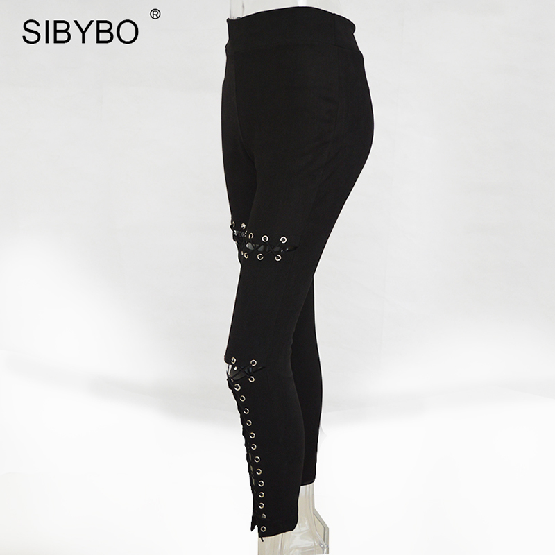 Wholesale Sibybo Suede Leather Pants 2017 New Spring Summer High Waist Lace Up Slim Stretch