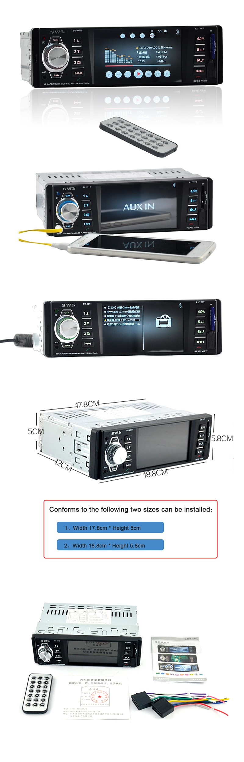 12V Car Radio MP5 Player 1Din 4.1" TFT HD Digital Stereo FM Radios Video USB SD Bluetooth Support Rear View Camera In-Dash 4018 12V Car Radio MP5 Player 1Din 4.1" TFT HD Digital Stereo FM Radios Video USB SD Bluetooth Support Rear View Camera In-Dash 4018
