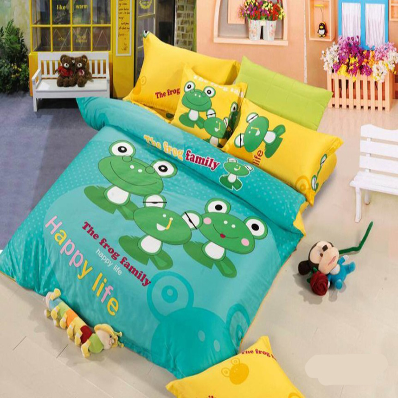 Blue Cartoon Boy gift Print Frog Bedding set 1 Duvet Cover1 Flat sheet/2Pillow cover kings twin Bed kids100%cotton Queen size