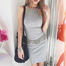 Fashion Ladies Halter Sleeveless Summer Bodycon Short Dress Cocktail Party Club Wear solid Cotton blend Dress