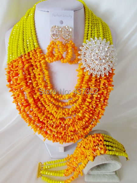 Lemon Yellow and Orange Party Nigerian Wedding African Coral  Beads Jewelry Set Free Shipping CPS3686