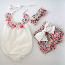 2016 new year baby clothes Newborn summer boutiques Lovely vintage floral ruffle romper cloth with bow knot shorts headband