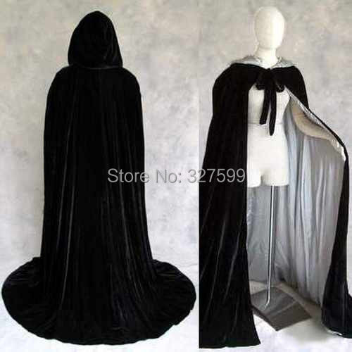 Free shipping New Black Velvet Lined in Silver Satin Cloak Gothic Wicca Robe Medieval Witchcraft Larp Cape wedding party Cosplay
