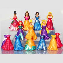 14pcs/set Princess Play Set Snow White Ariel Belle Rapunzel Aurora PVC Action Figures Toys Dolls Dress Clothes Changeable