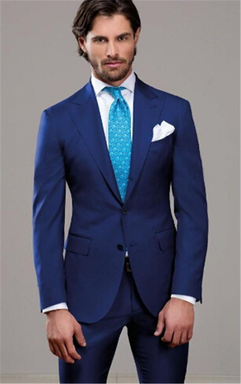 2016 Royal Blue Mens Wedding Suits Two Button Wool Groom Groomsmen