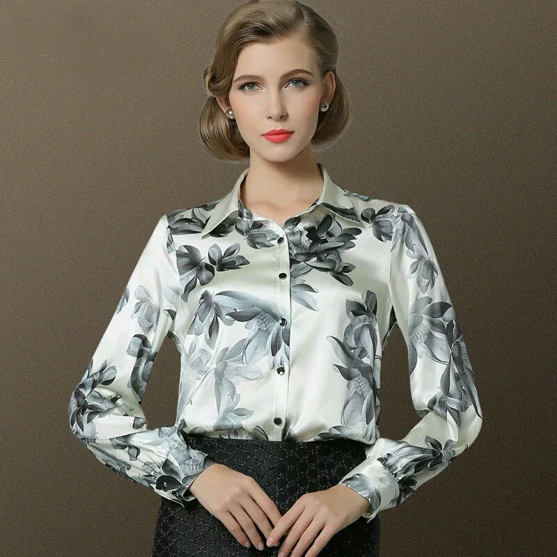 Pure Mulberry SILK blouse Women long sleeve work Brand Print Satin Blusas femininas Office lady STRETCH Plus size 2016 NEW shirt