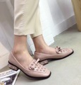 New Design Sweet Bow Woman Low Heel Shoes Patent Leather Square Toe Rivets Thick Heel Shoes