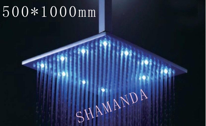 Free Shipping 500*1000mm LED shower head with stainless steel self-powered led shower head light shower three color 20024