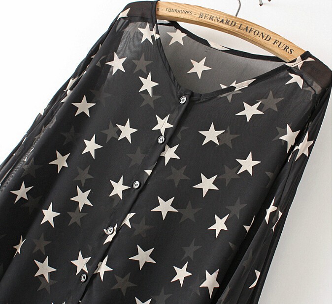 2015 summer women\'s o-neck T-shirt covered in new five-pointed star printed blouse free shipping perspective (6)