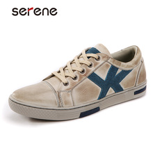 SERENE Genuine Leather Shoes Men Spring Flats Non-sllip Wear Casual Walking Shoes Retro Britsh Style Beige shoes Big size 6285