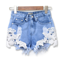 Hot Ripped Lace Patchwork Shorts Tassels Denim Hollow Out Floral Jeans Hotpants Women jeans femme Loose Pants Plus Size XL