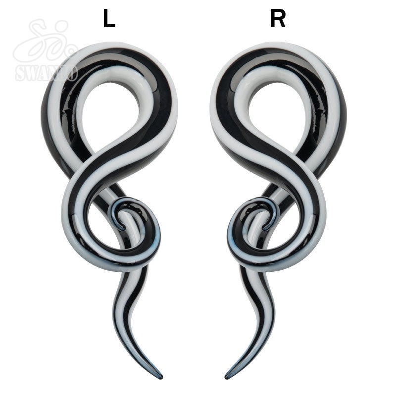 Ear taper black and white Glass spiral twisted