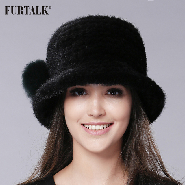 FURTALK Luxury mink fur hat Fedora Bucket hat winter fur hats for women