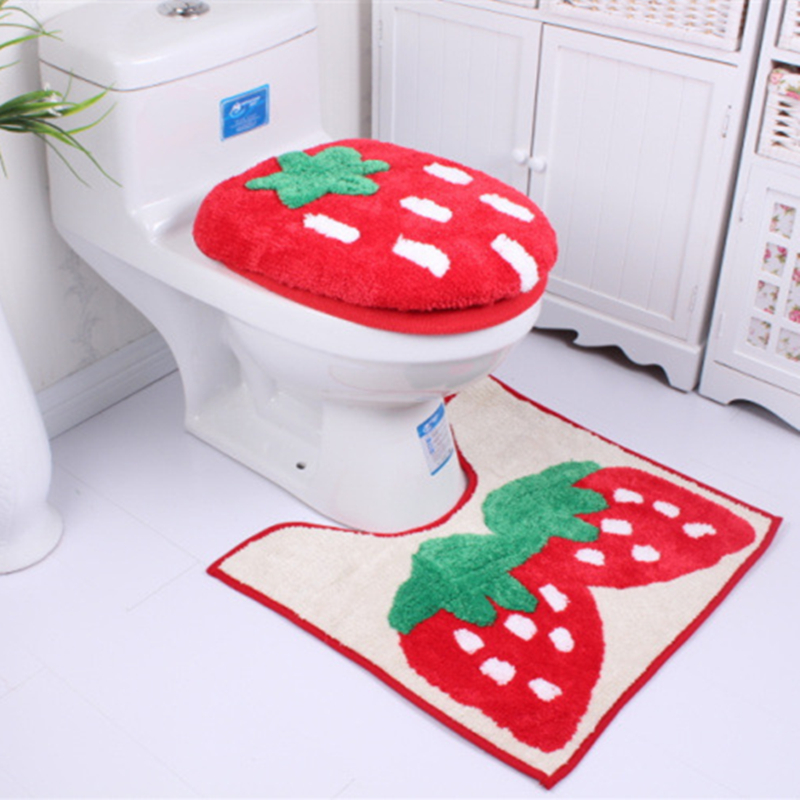 Free shipping red strawberry mat 3pc suite padded toilet seat cover sets bathroom carpet set
