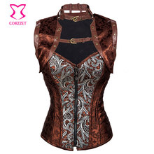 Brown Zipper Waist Trainer Steel Boned Waist Training Corset Steampunk Jacket Burlesque Outfits Corpetes E Espartilhos Gothic