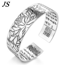 JS Cheap Open Wide Silver Cuff Bracelet Bangle Women Chinese Buddhist Scriptures Buddha Hand Jewelry Bracciale Uomo SB024
