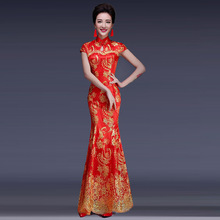 2016 Fashion Red Lace Bride Wedding Qipao Long Cheongsam Dress Chinese Traditional Dress Qi Pao Women Antique Dresses 4 Color