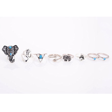 Bohemian Style 8pcs/Pck Vintage Silver plated accessories turquoise Elephant snake ring set for girl wholesale J-142