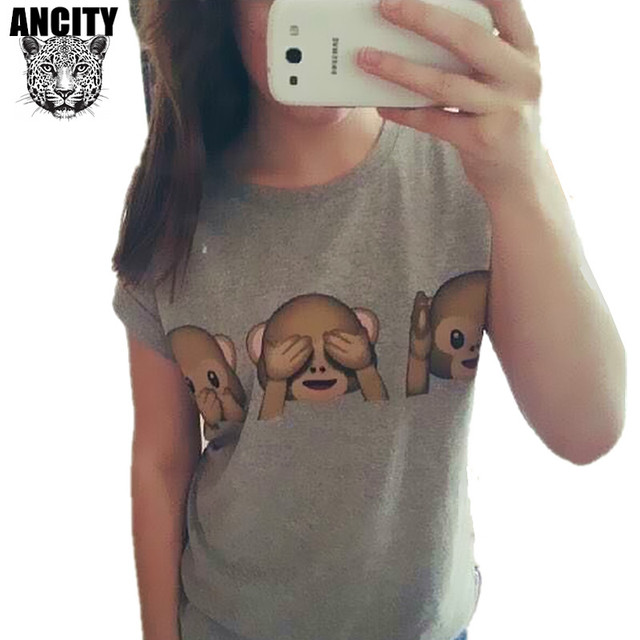 Ancity европа 2016 забавный обезьяна эмоция выражения женщины футболка хлопок O шея короткая раза рукав женский tshirt топы ти WS852