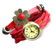 Women s Girl s Trendy Sunflower Decoration Multilayer Weave Leather Belt Bracelet Analog Quartz Movement Wrist