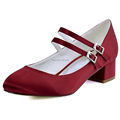 FC1615 Shoes Woman Dark Red Closed Toe Block heel Mary Jane Low Comfort Heel Satin Bride