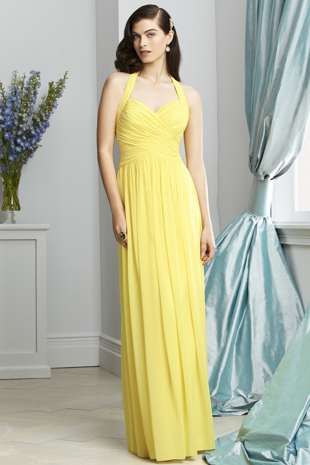 2015 Long Chiffon Yellow Bridesmaid Dress With halter neckline Spring 2015 Wedding Gowns With Pleated