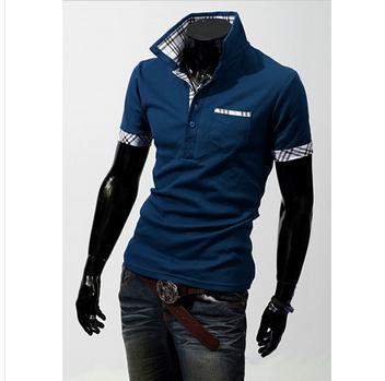2015 mens fashion brand short sleeve t shirts for men casual clothes Staggered grid collar sports