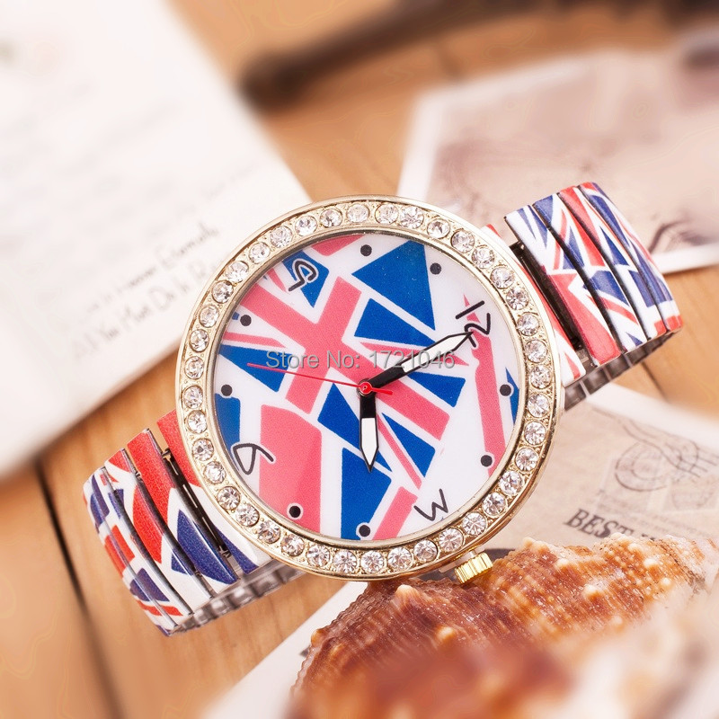 New Fashion Quality Watch Printing color elastic band watches Fashion Rhinestone Jewelry Flag Watch Quartz Wristwatches