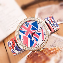 Nueva calidad de moda reloj impresión de color elastic band relojes de moda Rhinestone joyería de la bandera de reloj de pulsera de cuarzo SB038P