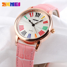 Nueva SKMEI marca relojes mujer vestido 3ATM impermeable moda correa de cuero de cuarzo reloj de pulsera de estudiantes relojes mujer